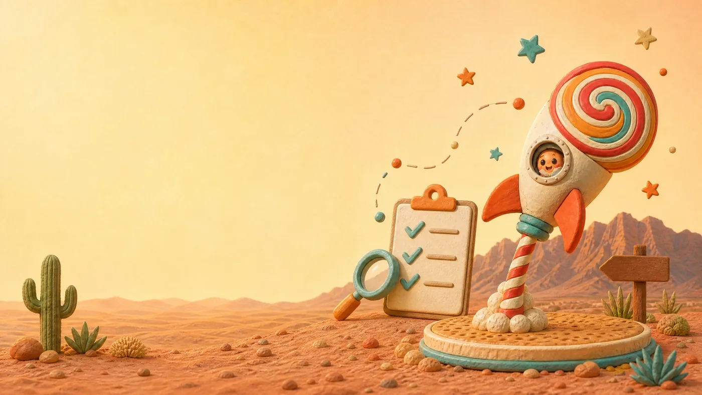 Lollipop rocket on a launch pad beside an audit checklist and magnifying glass