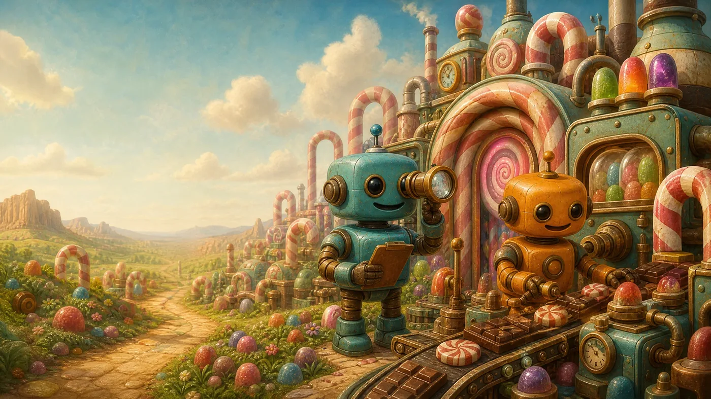 The SEOCANDY robots at work in a clay candy factory in the desert — the local link network in motion