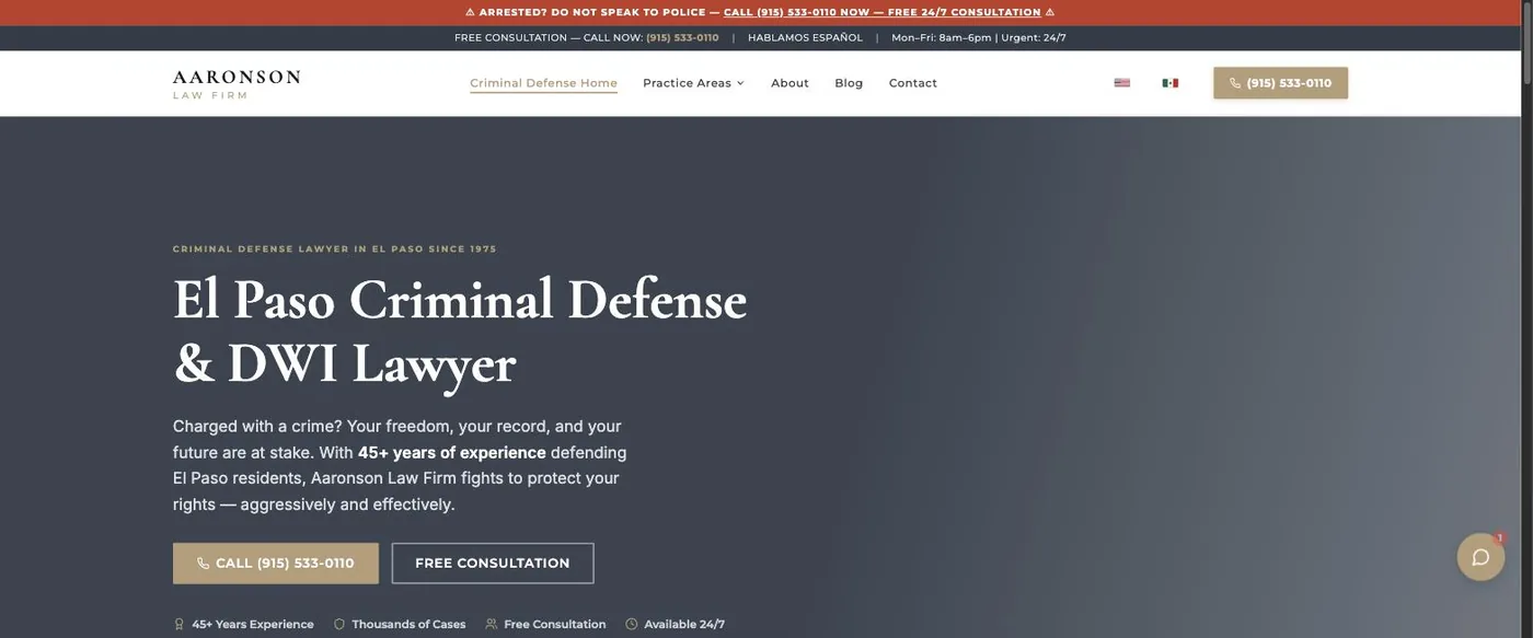 The aaronsonlawtx.com homepage we built — El Paso criminal defense & DWI lawyer since 1975
